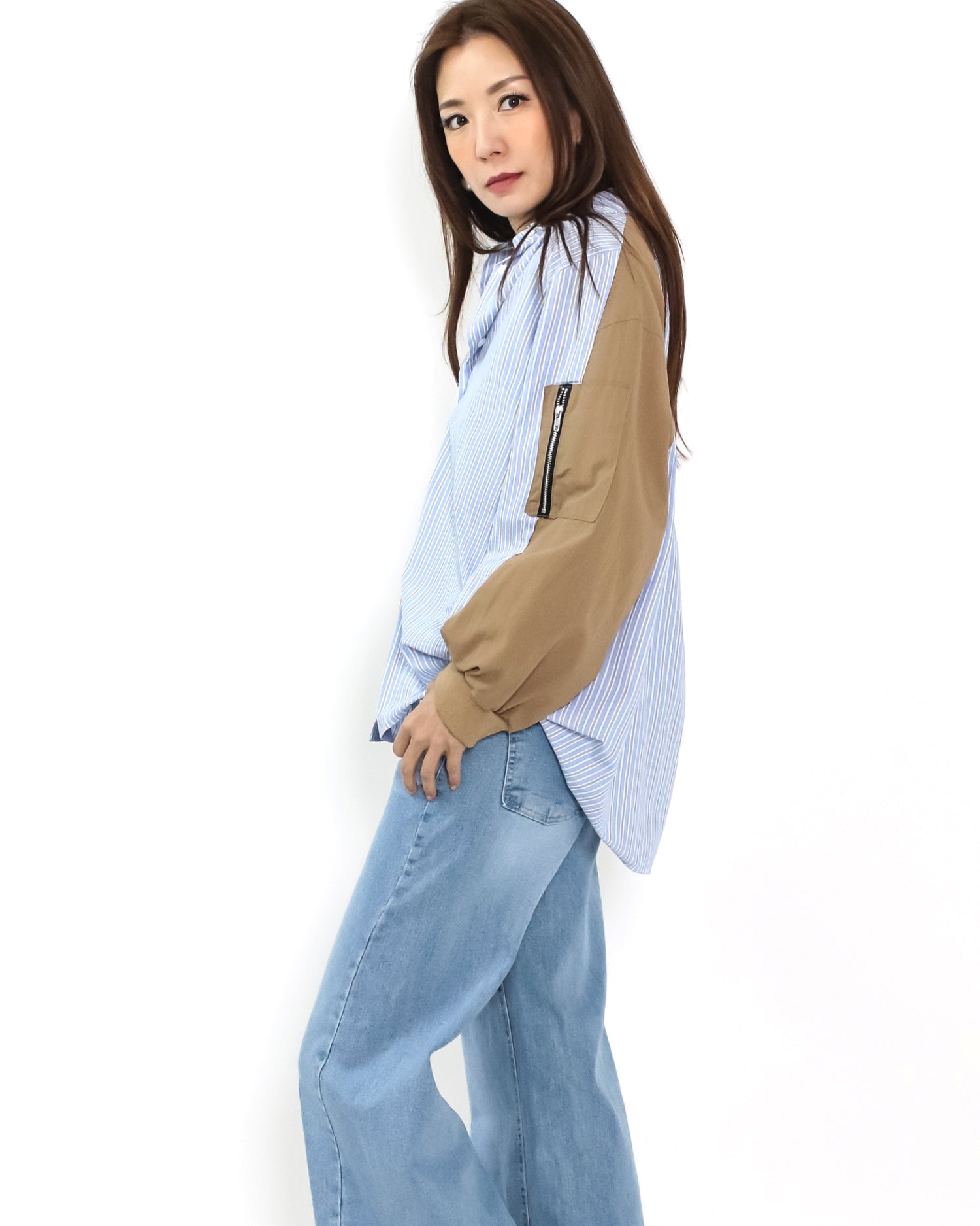 blue stripes w/ brown sleeves shirt *pre-order*