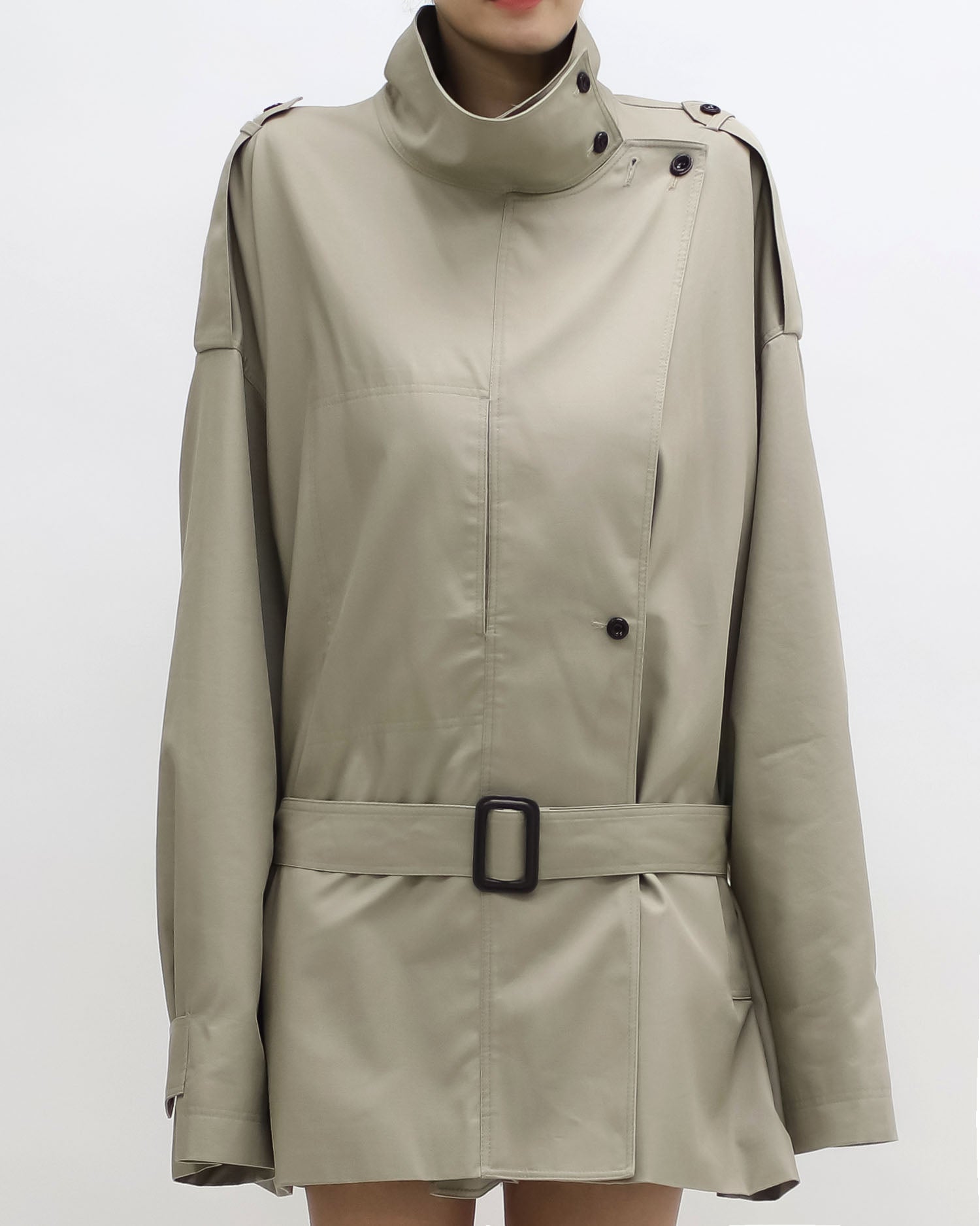 beige longline trench coat w/ belt