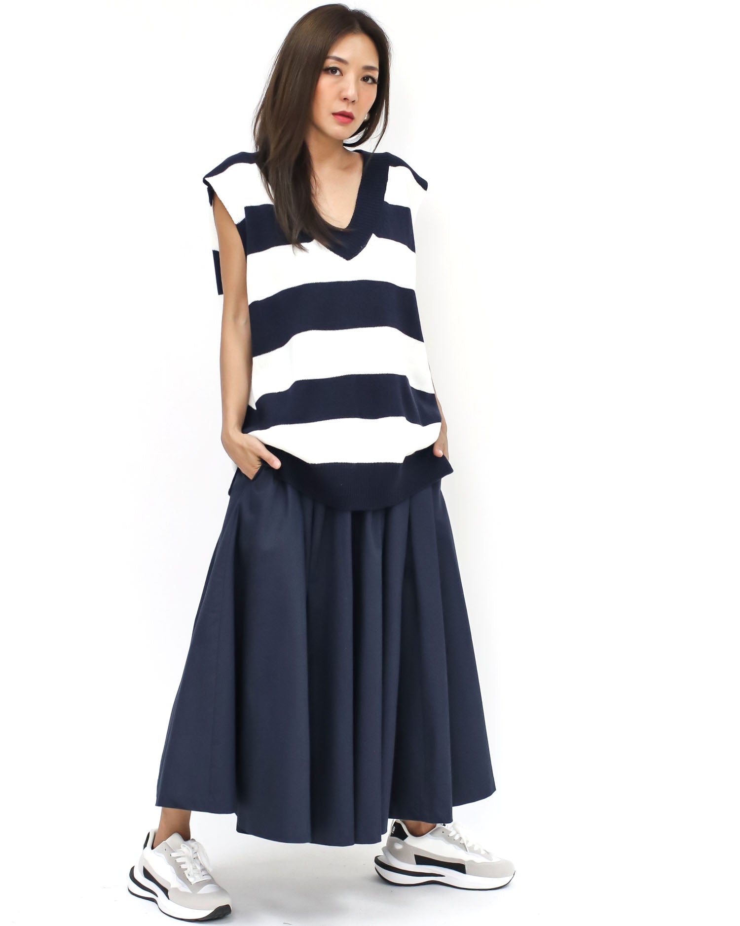Navy flare cotton longline skirt