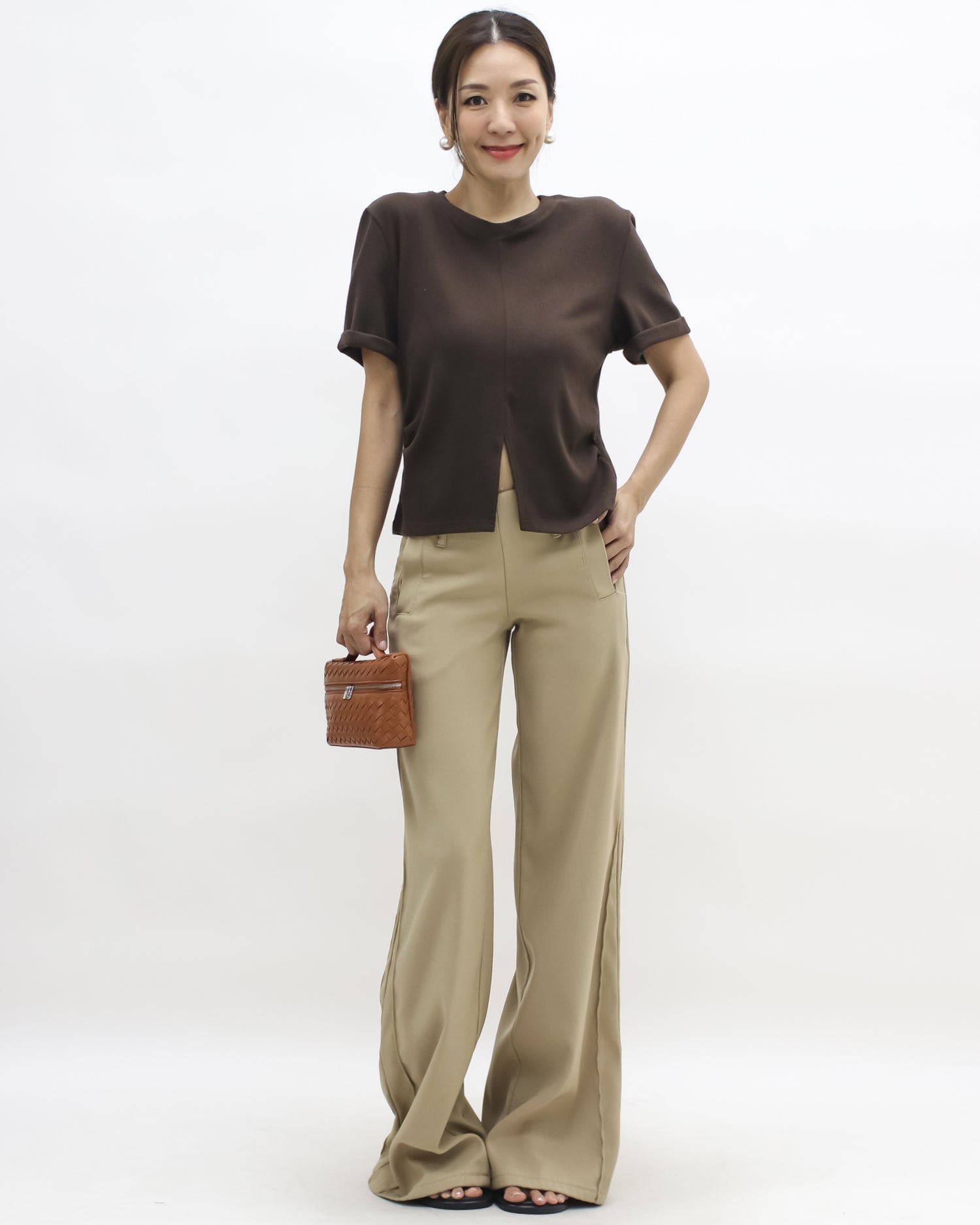 brown split front roll sleeves brushed fabric tee