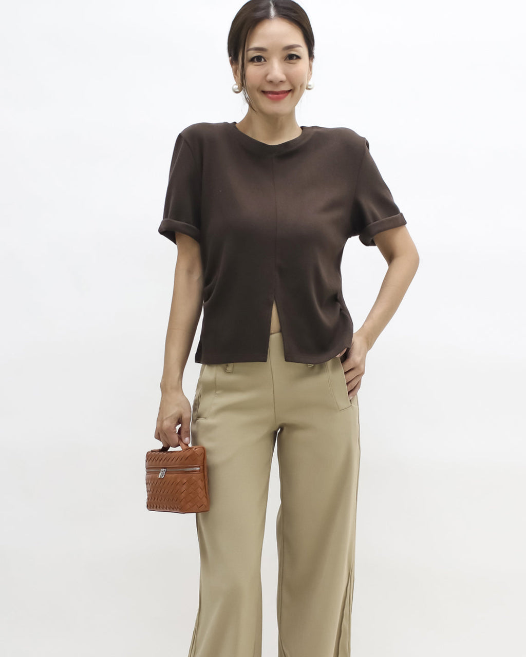 brown split front roll sleeves brushed fabric tee