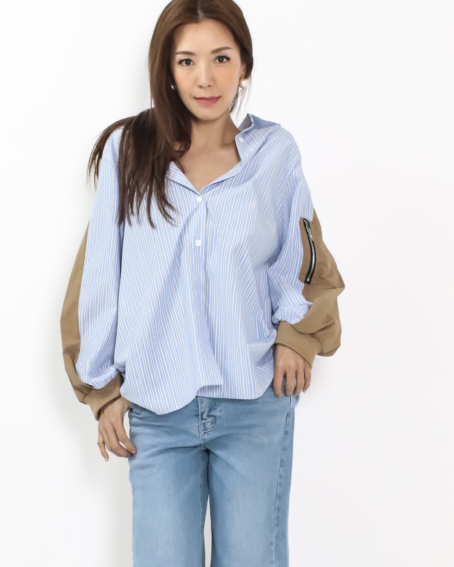 blue stripes w/ brown sleeves shirt *pre-order*