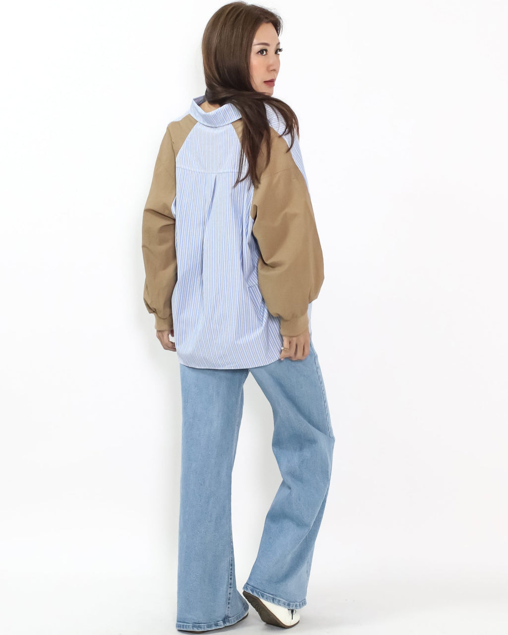 blue stripes w/ brown sleeves shirt *pre-order*