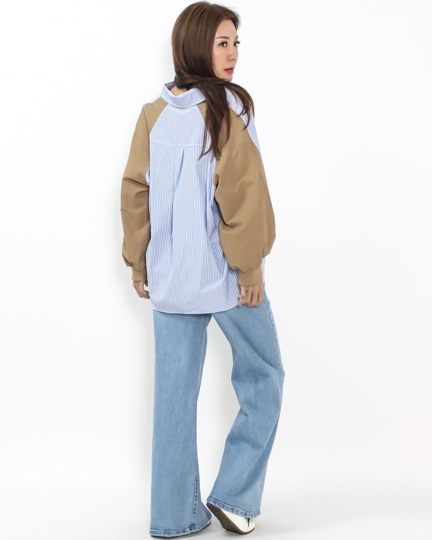 blue stripes w/ brown sleeves shirt *pre-order*