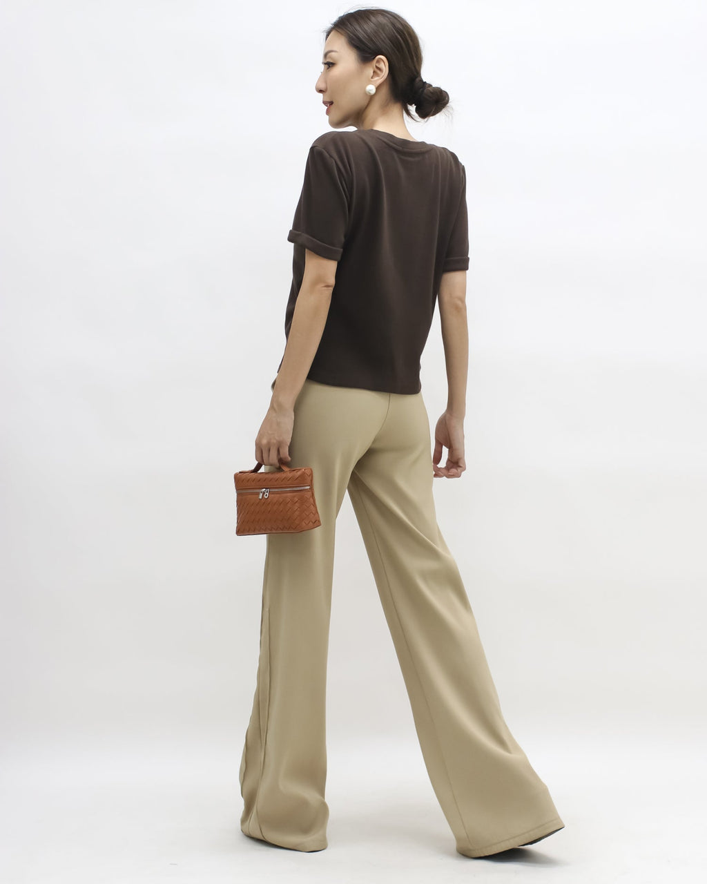 brown split front roll sleeves brushed fabric tee