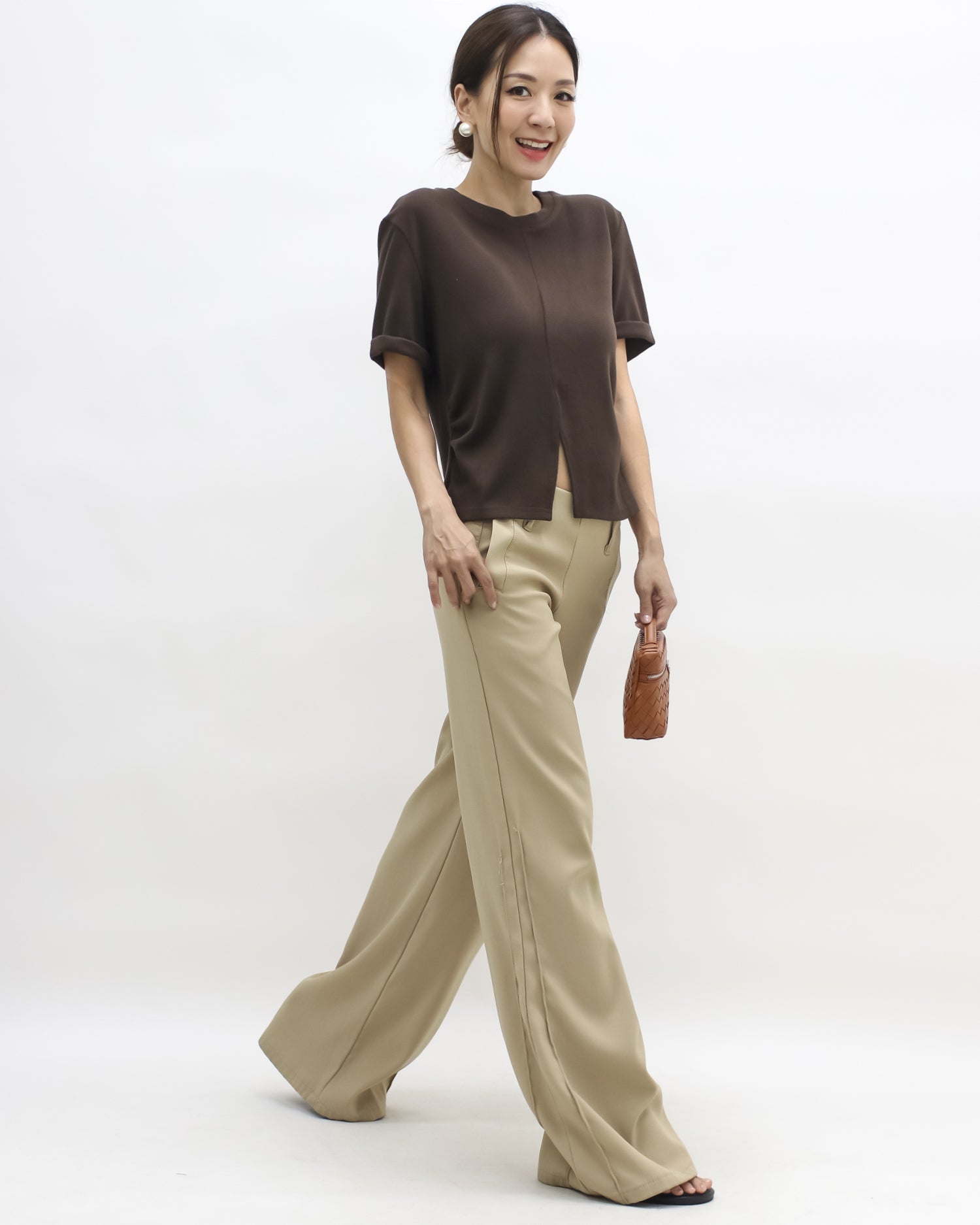 brown split front roll sleeves brushed fabric tee