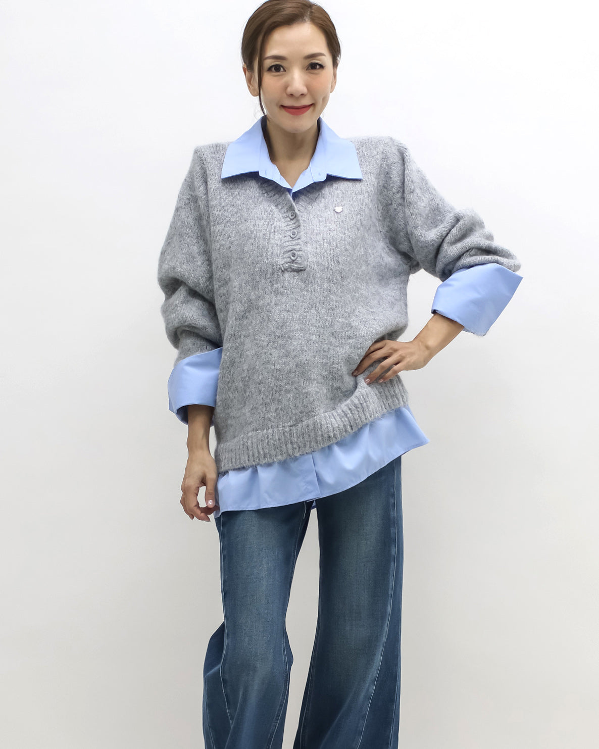 grey w/ blue shirt contrast knitted top