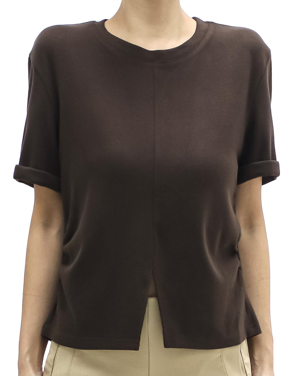 brown split front roll sleeves brushed fabric tee