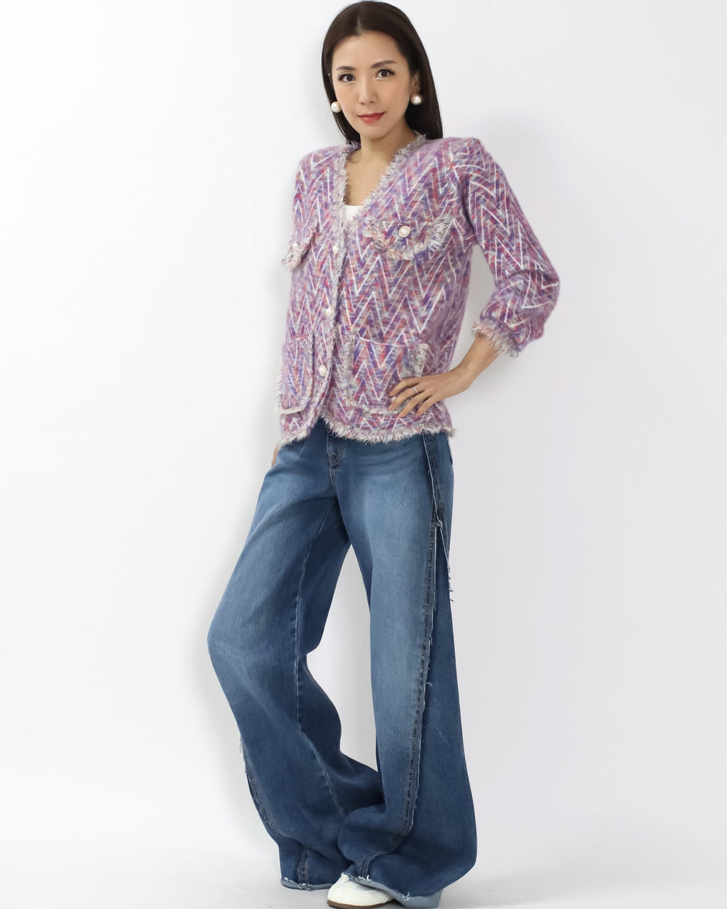 purple & ivory pattern mohair knitted cardigan