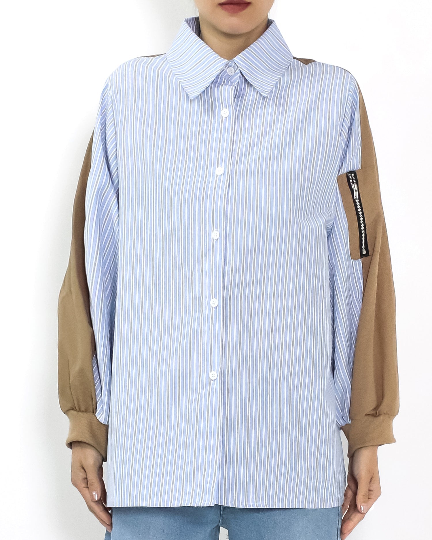 blue stripes w/ brown sleeves shirt *pre-order*