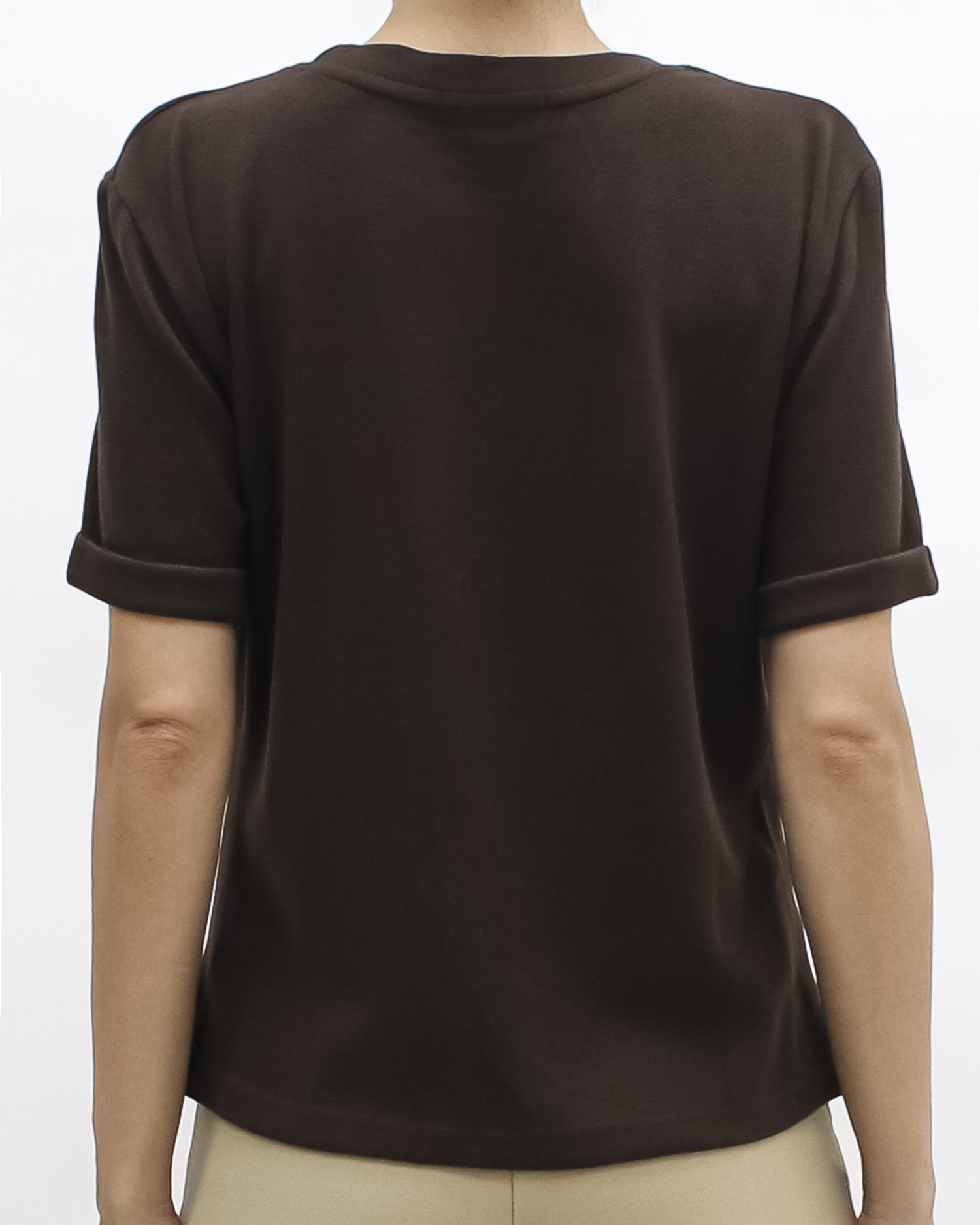 brown split front roll sleeves brushed fabric tee