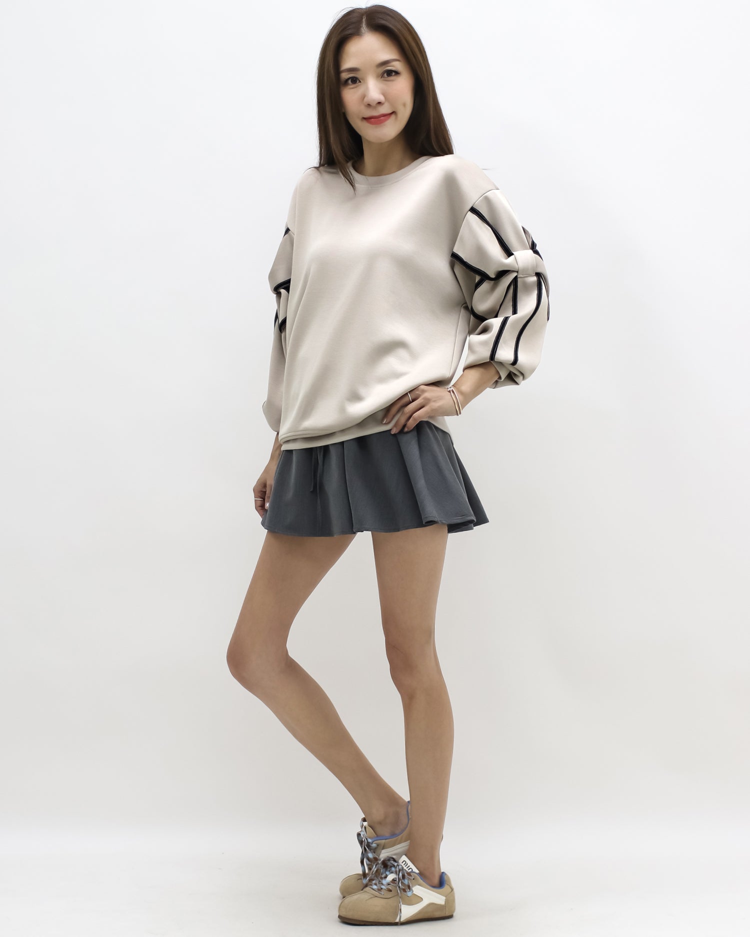 beige bows sleeve soft neoprene sweatshirt *pre-order*