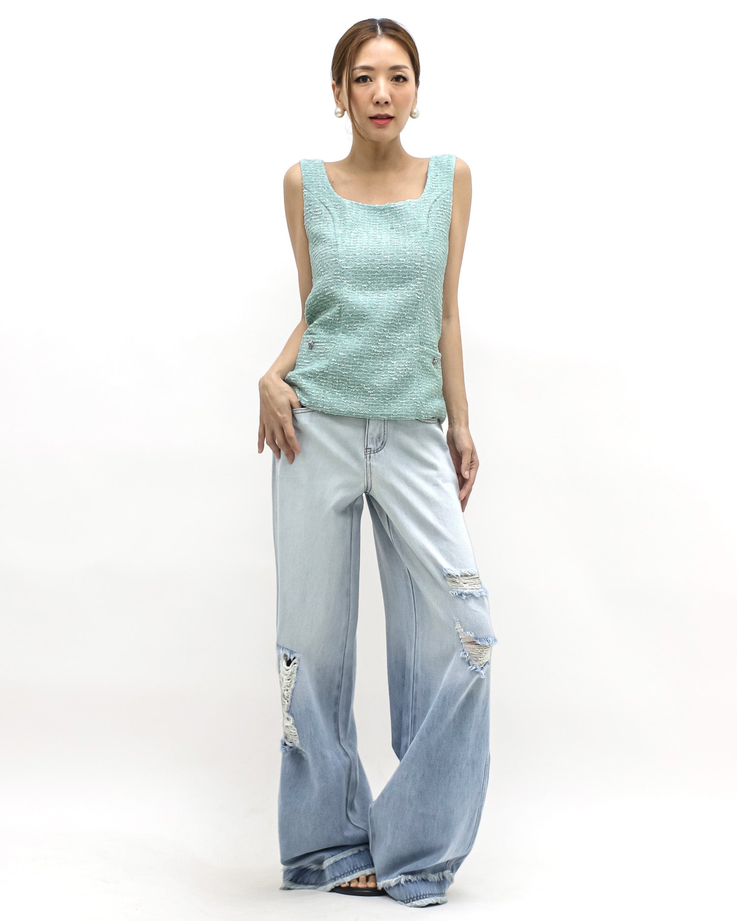 blue denim ombre ripped wide legs jeans *pre-order*