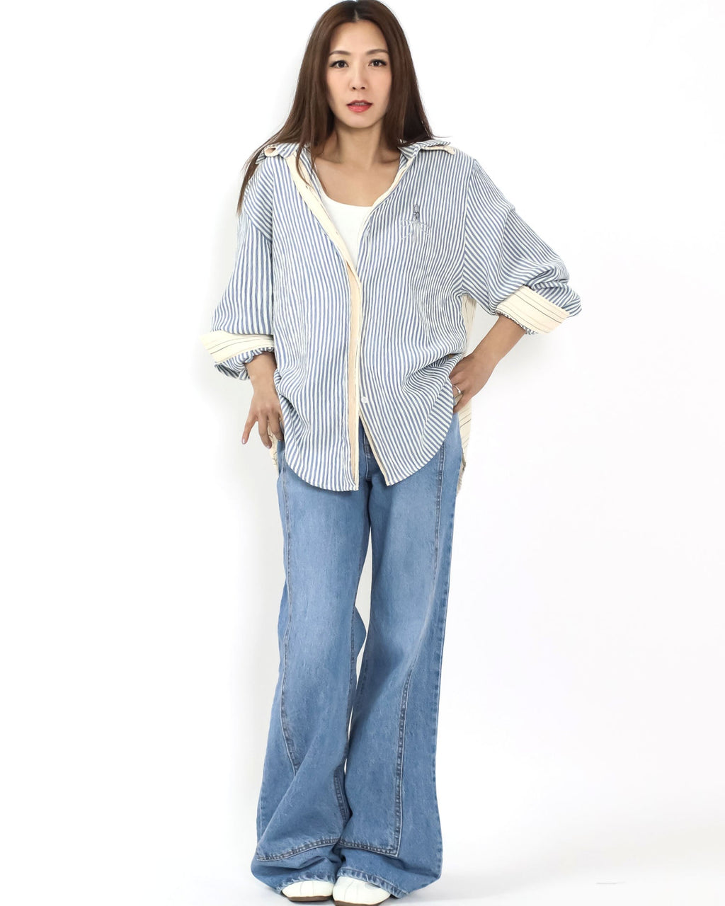 blue stripes w/ beige contrast layer shirt *pre-order*