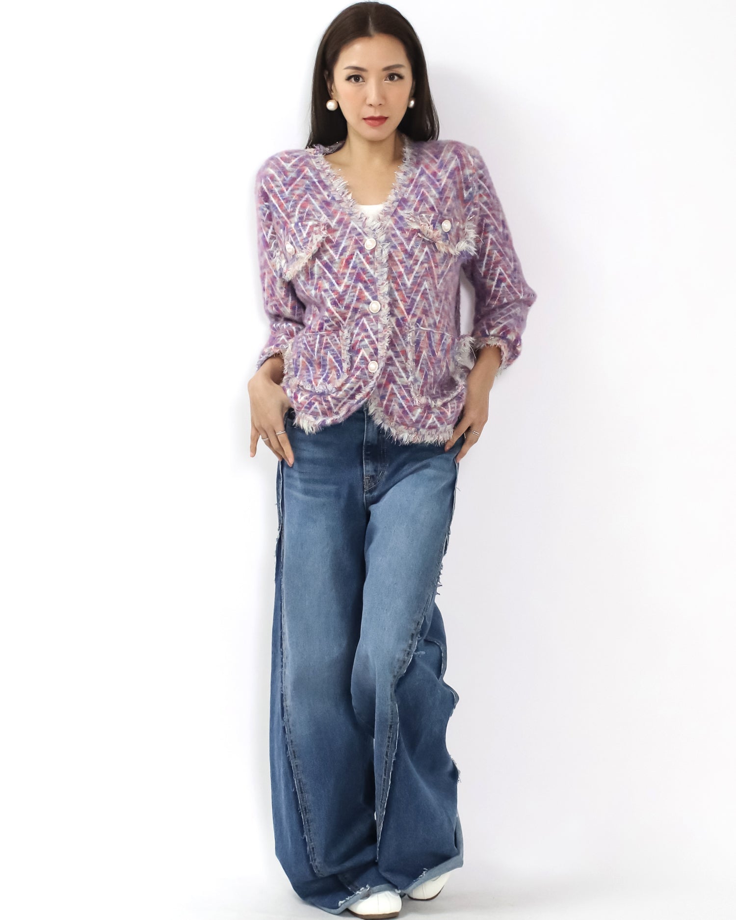 purple & ivory pattern mohair knitted cardigan