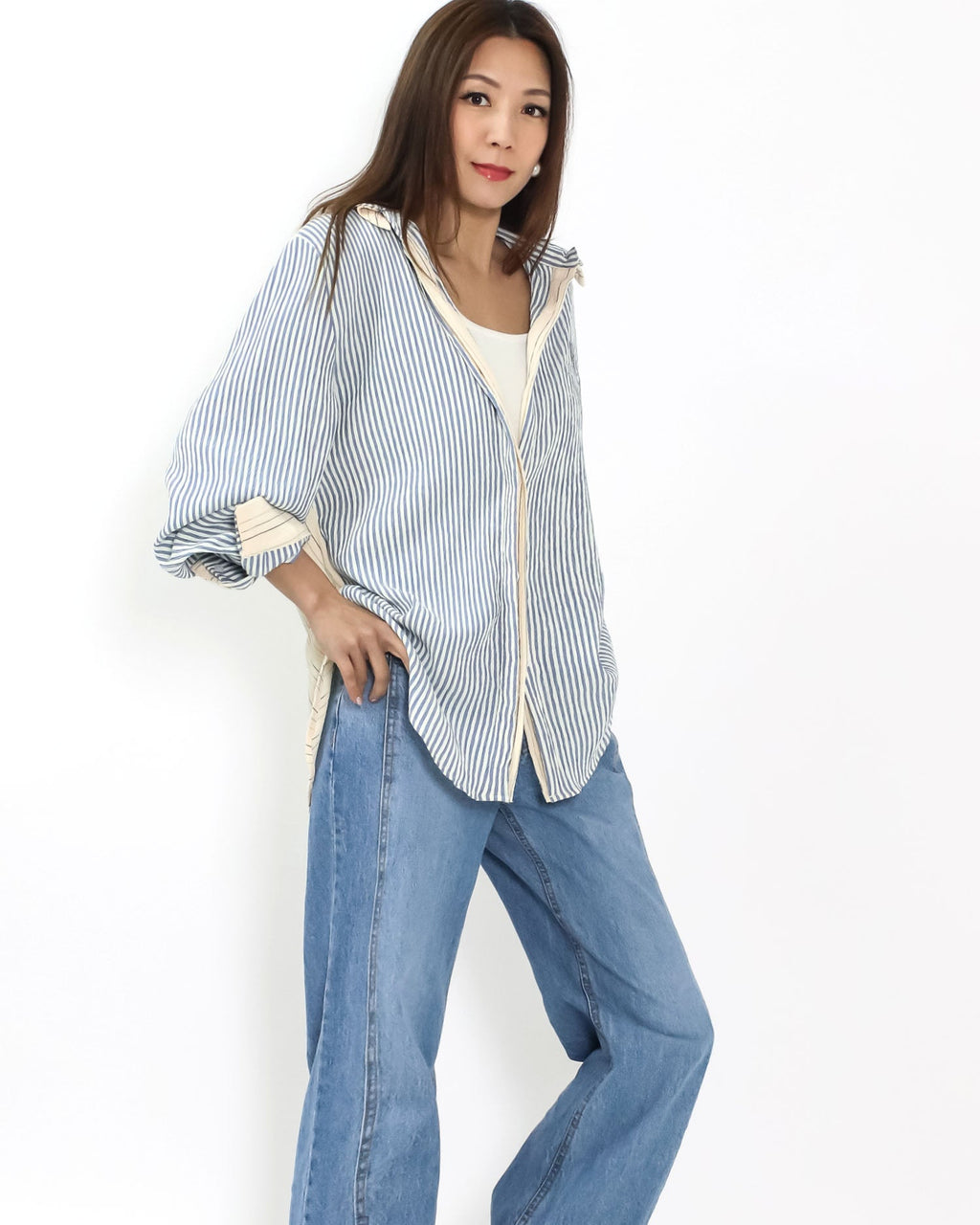 blue stripes w/ beige contrast layer shirt *pre-order*