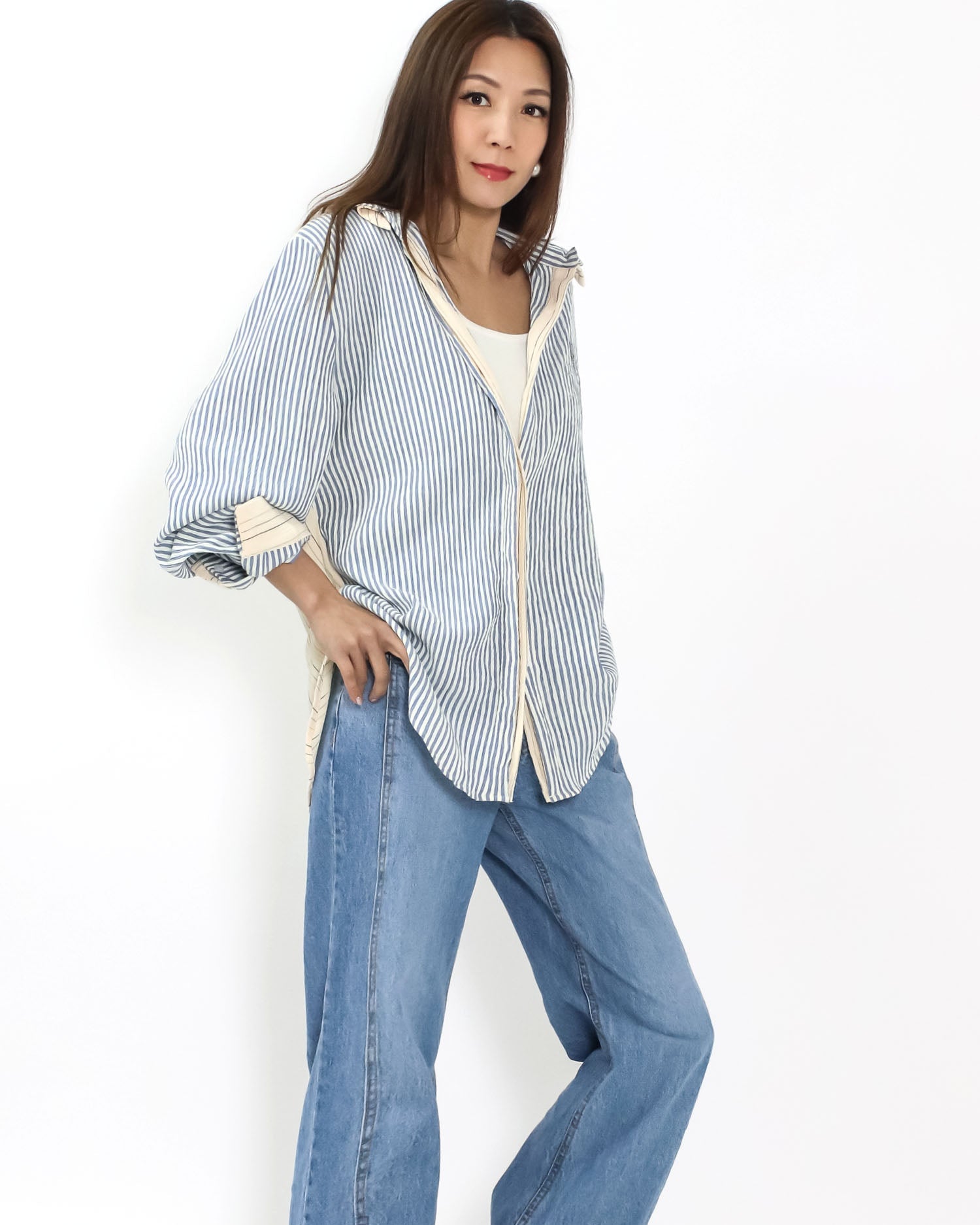 blue stripes w/ beige contrast layer shirt *pre-order*