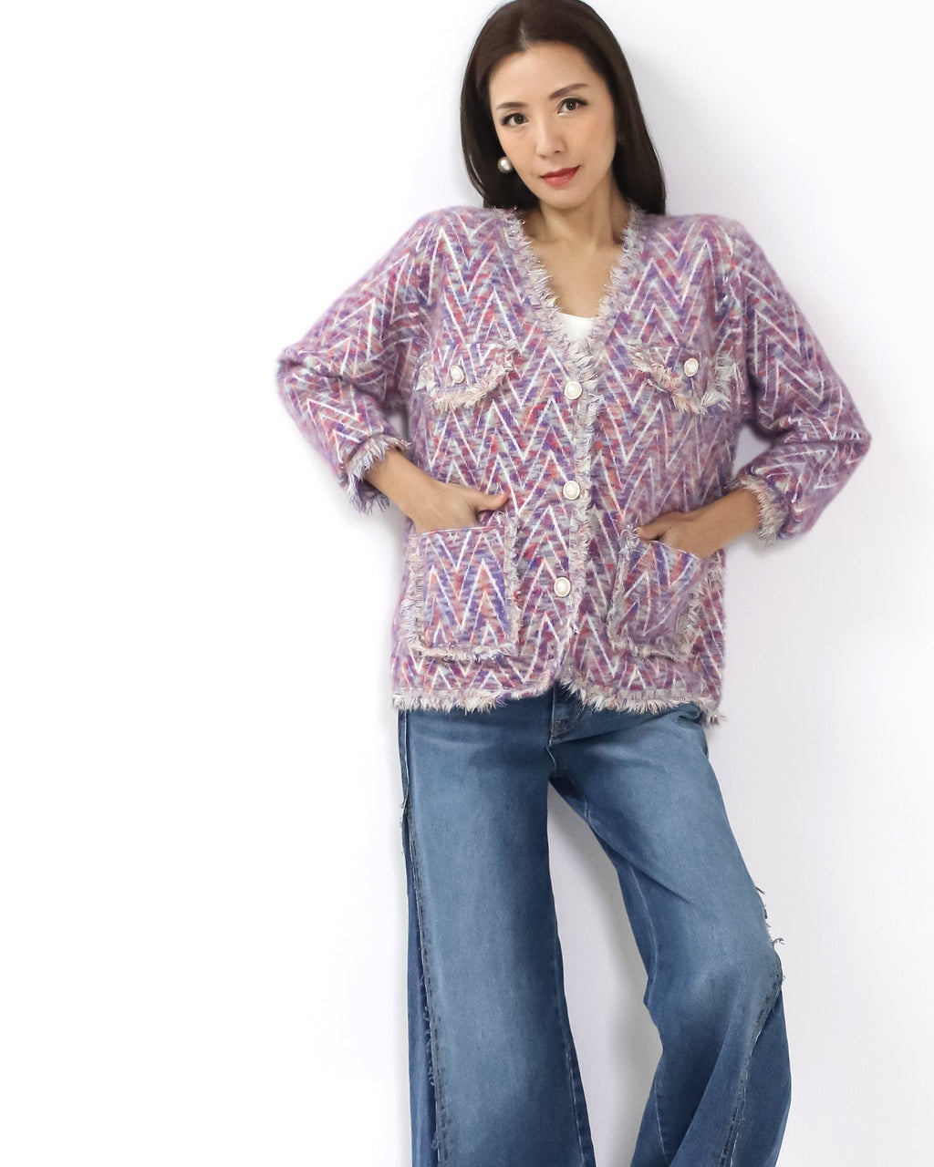 purple & ivory pattern mohair knitted cardigan