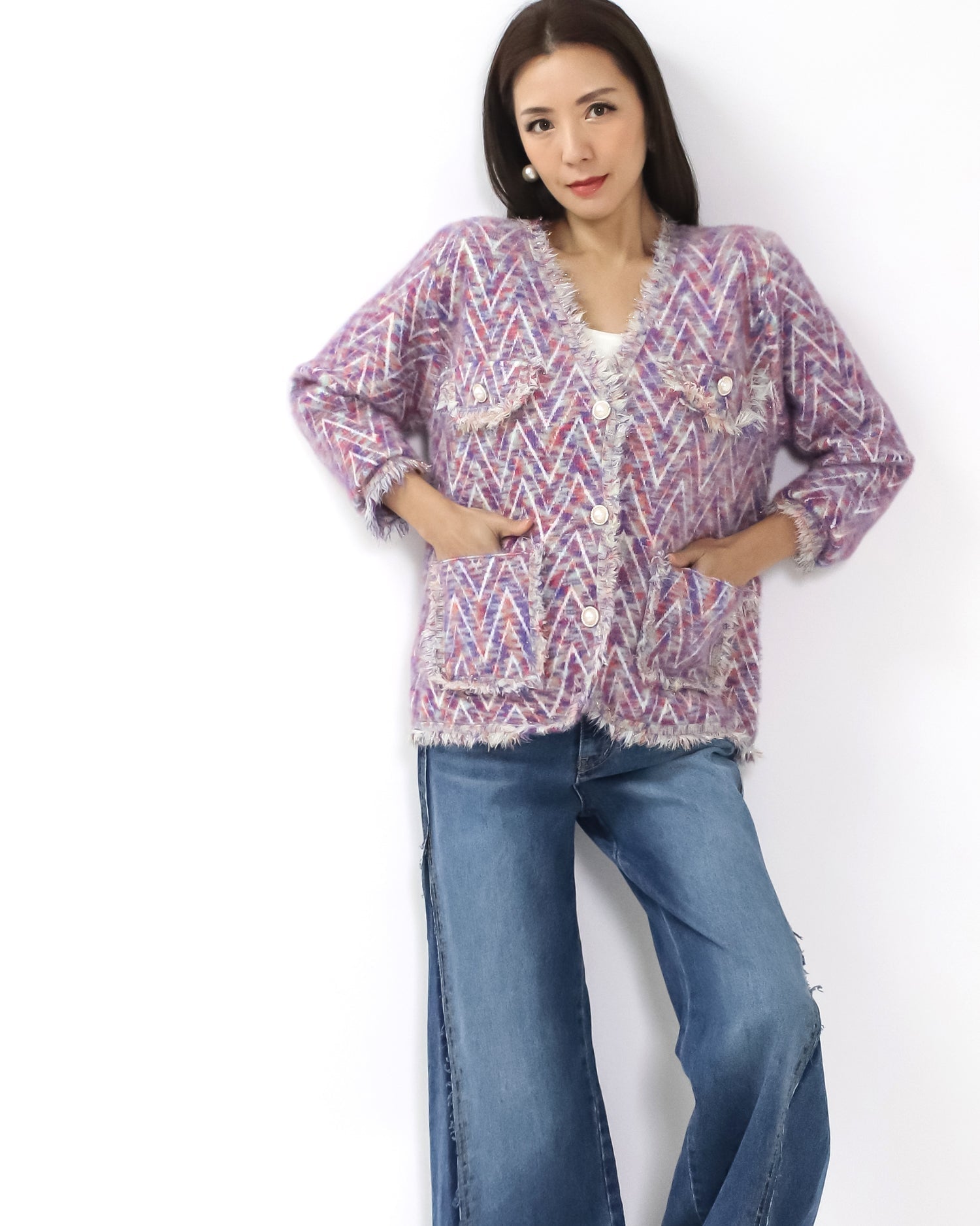 purple & ivory pattern mohair knitted cardigan