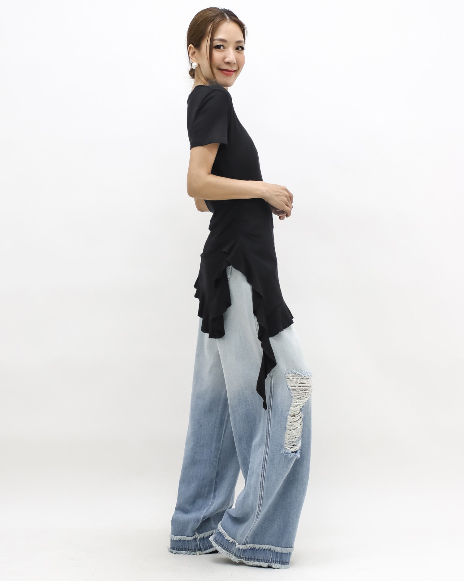 black ruffle drop side tee