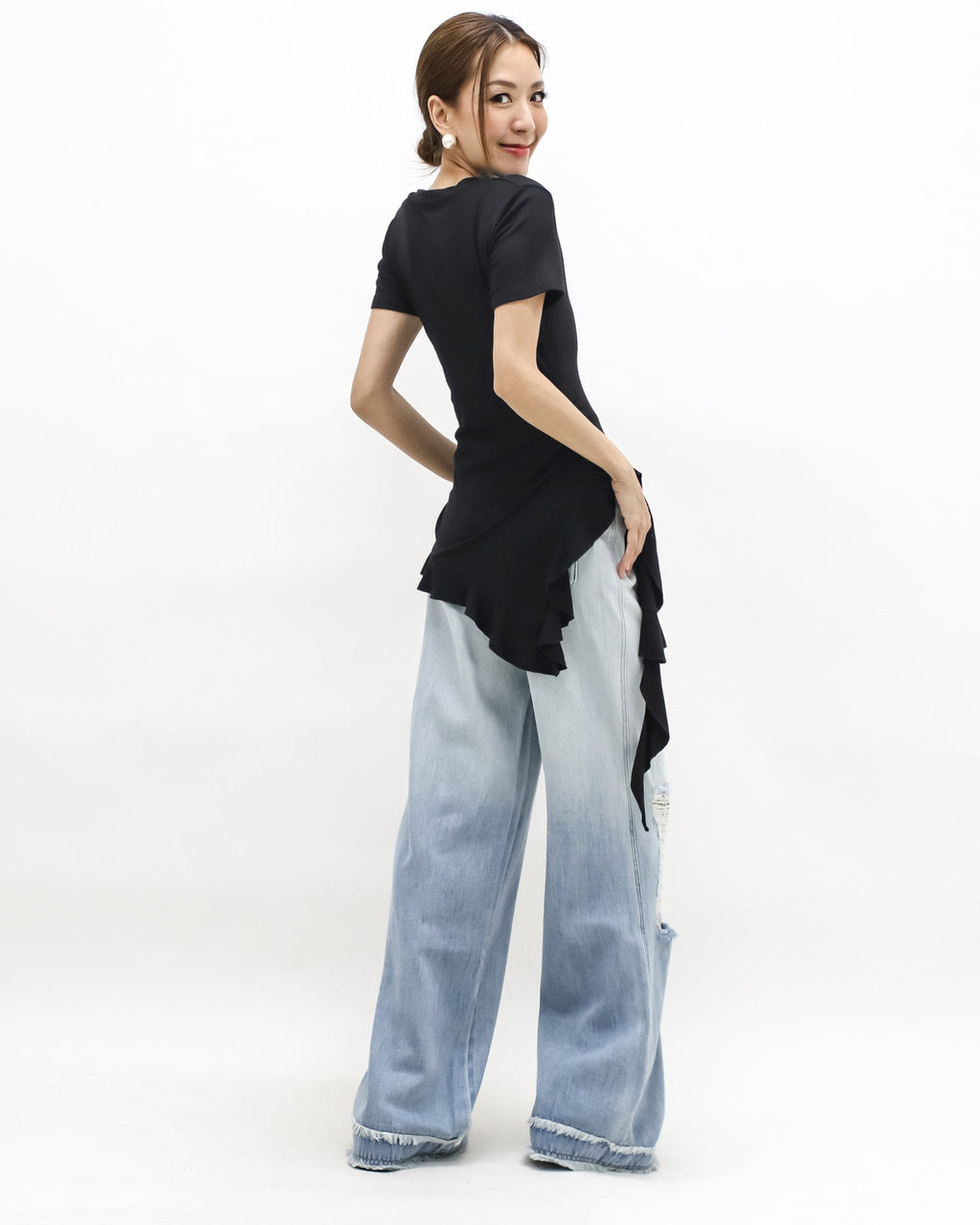 black ruffle drop side tee