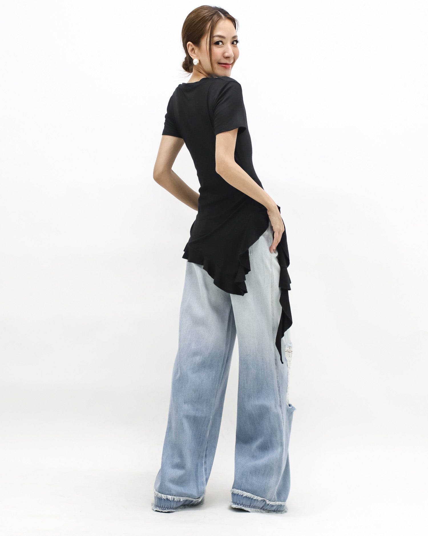 black ruffle drop side tee