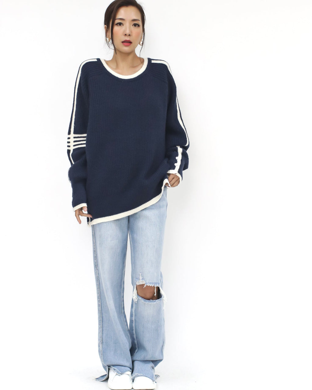 navy & ivory stripes hem knitted top *pre-order*