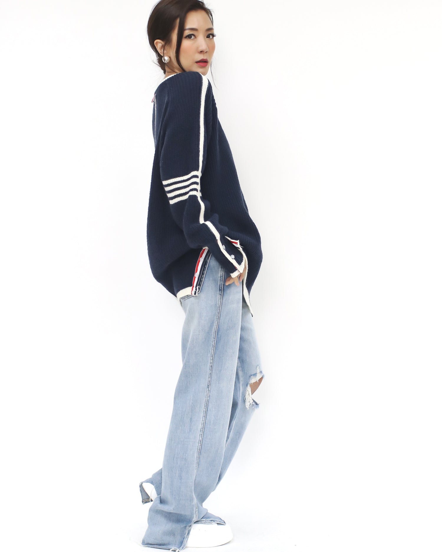 navy & ivory stripes hem knitted top *pre-order*