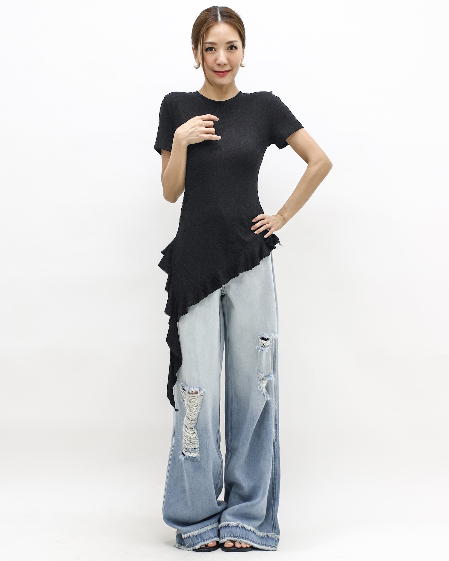 black ruffle drop side tee