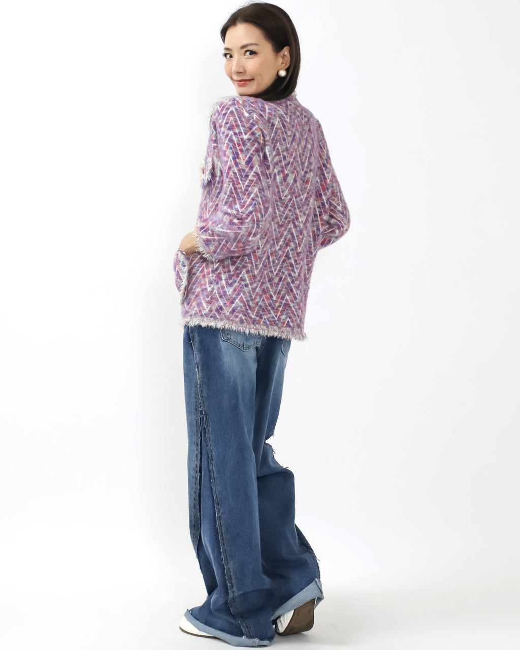 purple & ivory pattern mohair knitted cardigan