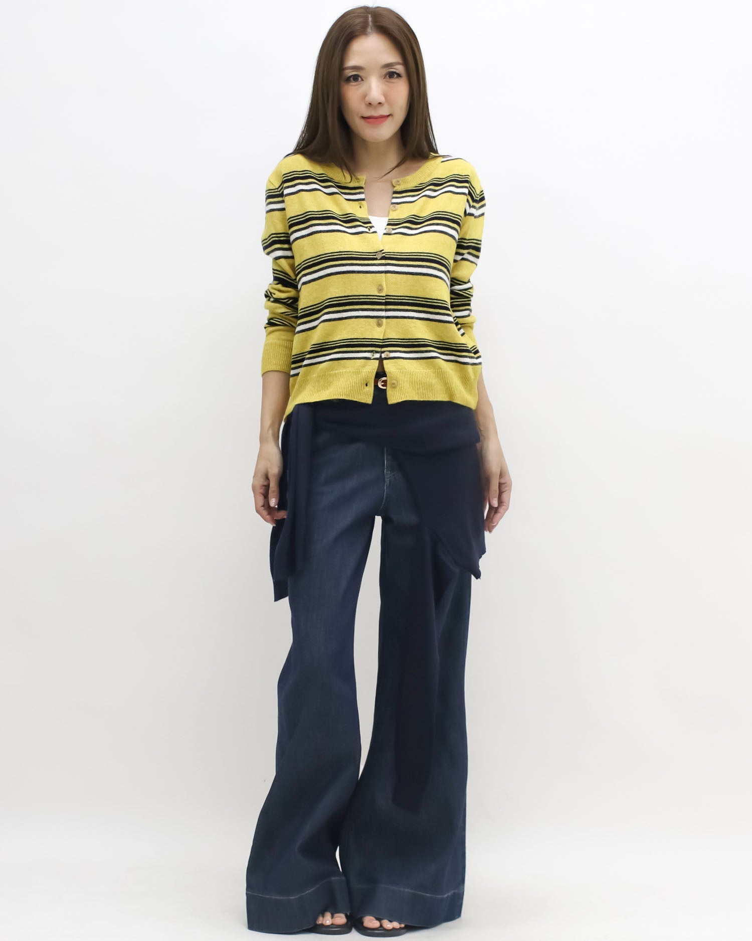 yellow w/ black & ivory stripes knitted cardigan