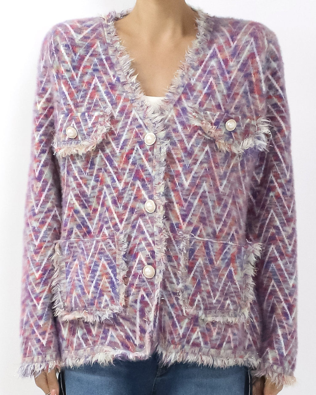 purple & ivory pattern mohair knitted cardigan