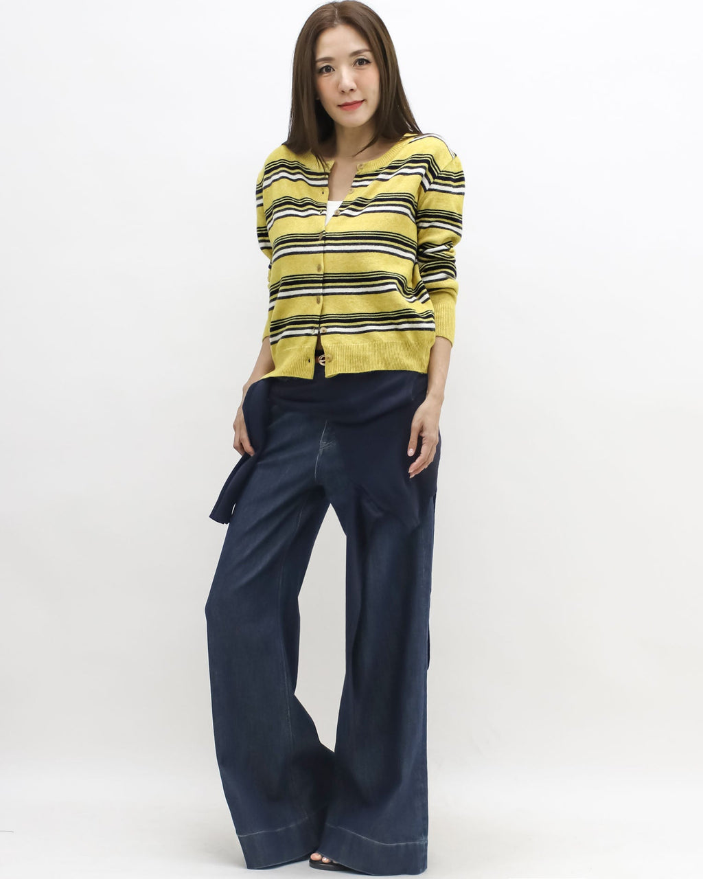 yellow w/ black & ivory stripes knitted cardigan