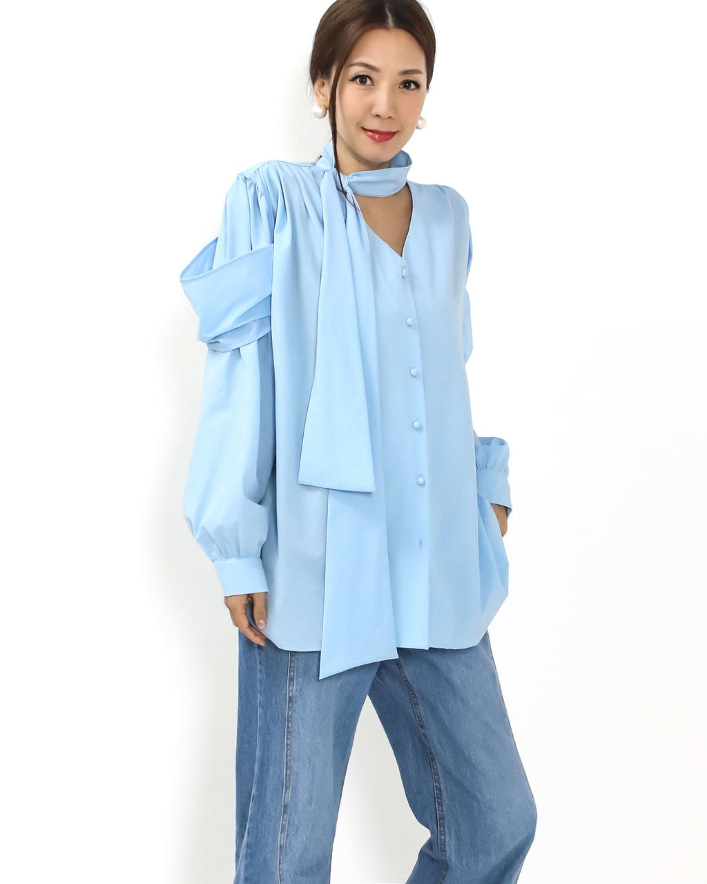 blue sleeves details w/ wrap neckline slinky shirt