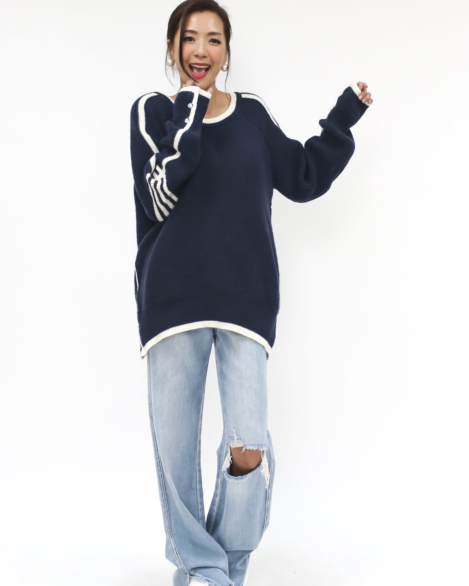 navy & ivory stripes hem knitted top *pre-order*