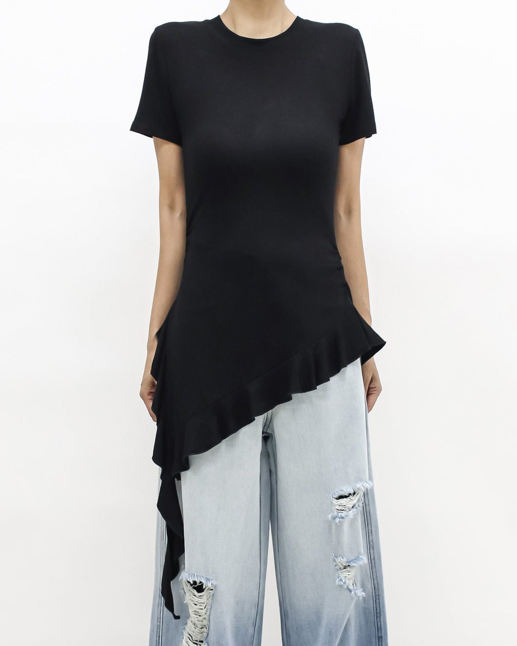 black ruffle drop side tee