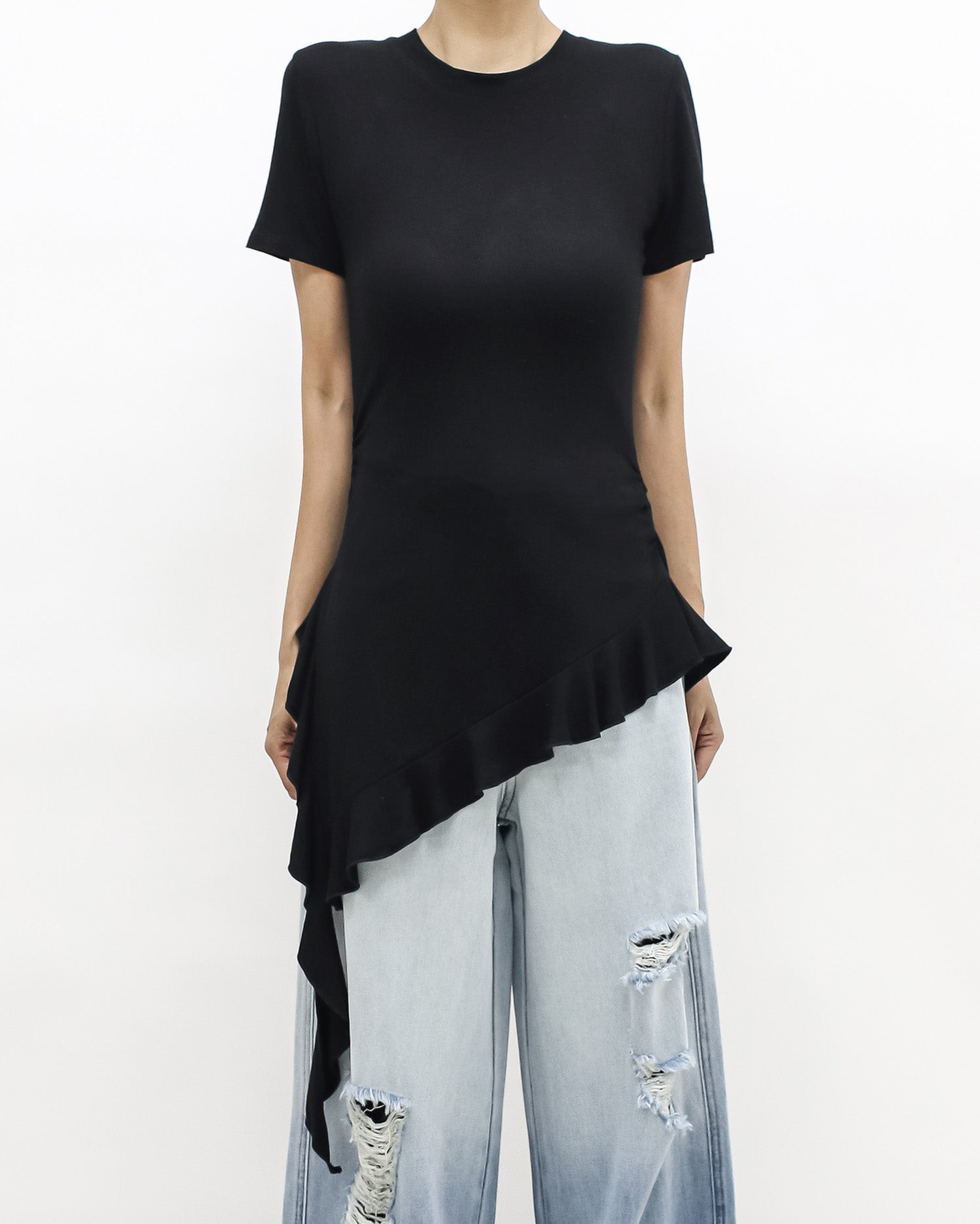 black ruffle drop side tee