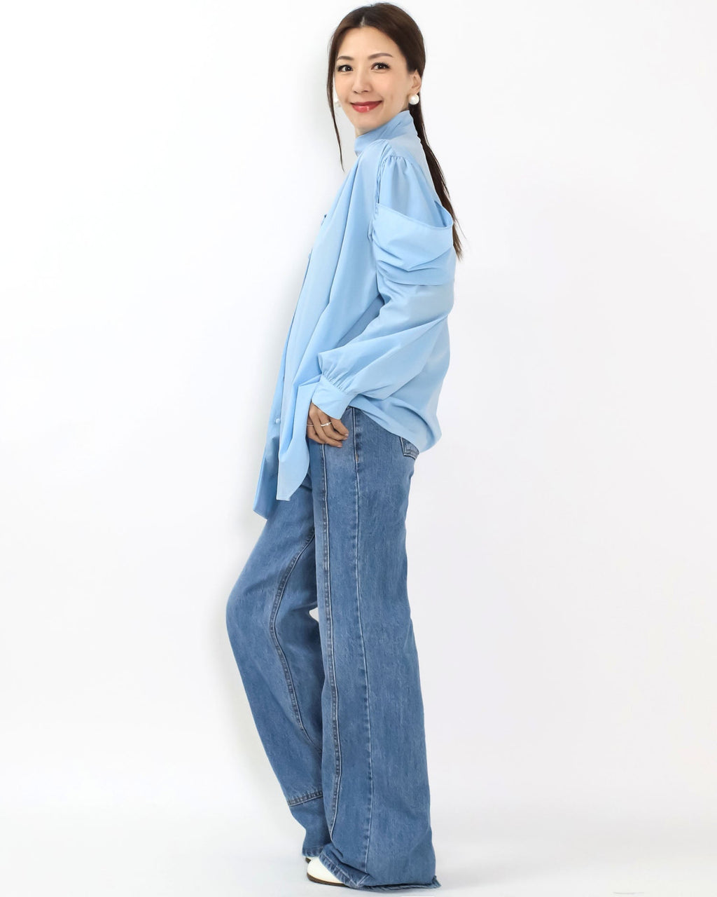 blue sleeves details w/ wrap neckline slinky shirt