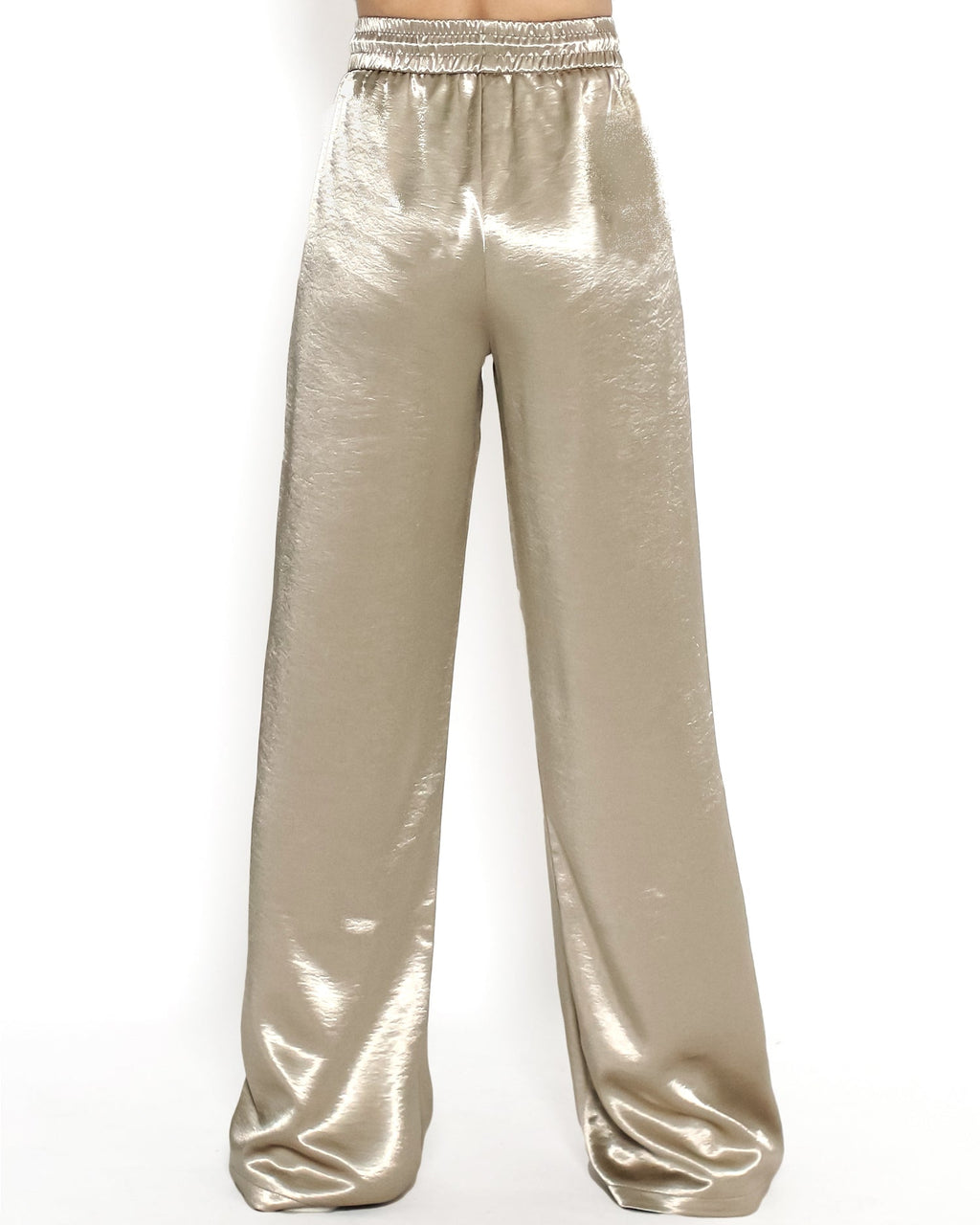 beige shiny straight leg pants