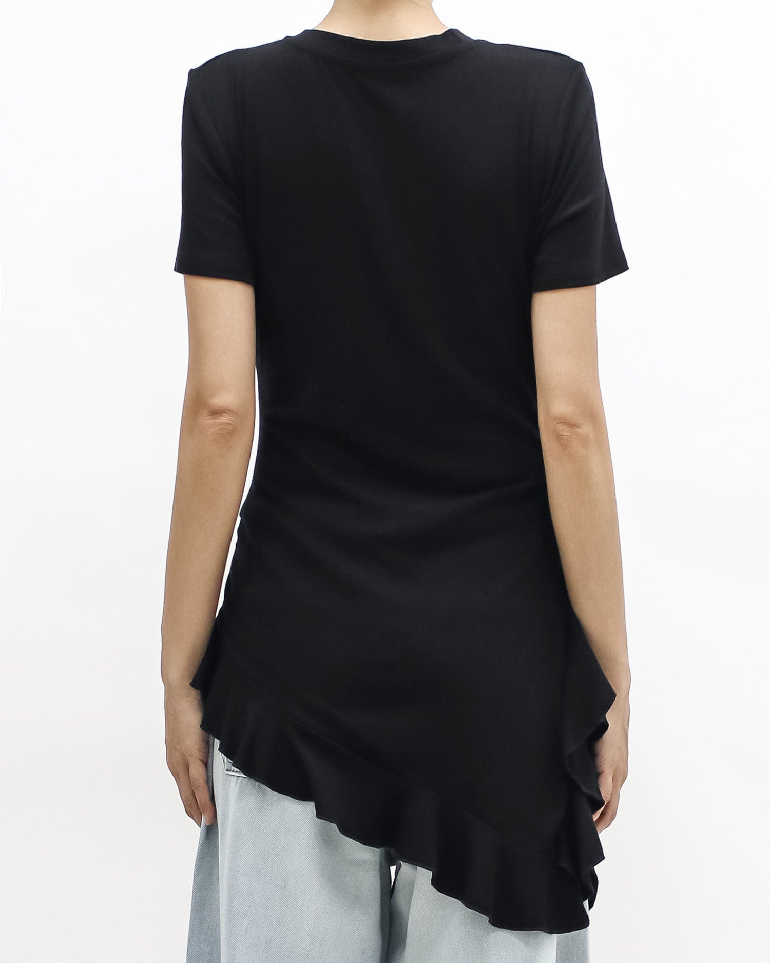 black ruffle drop side tee