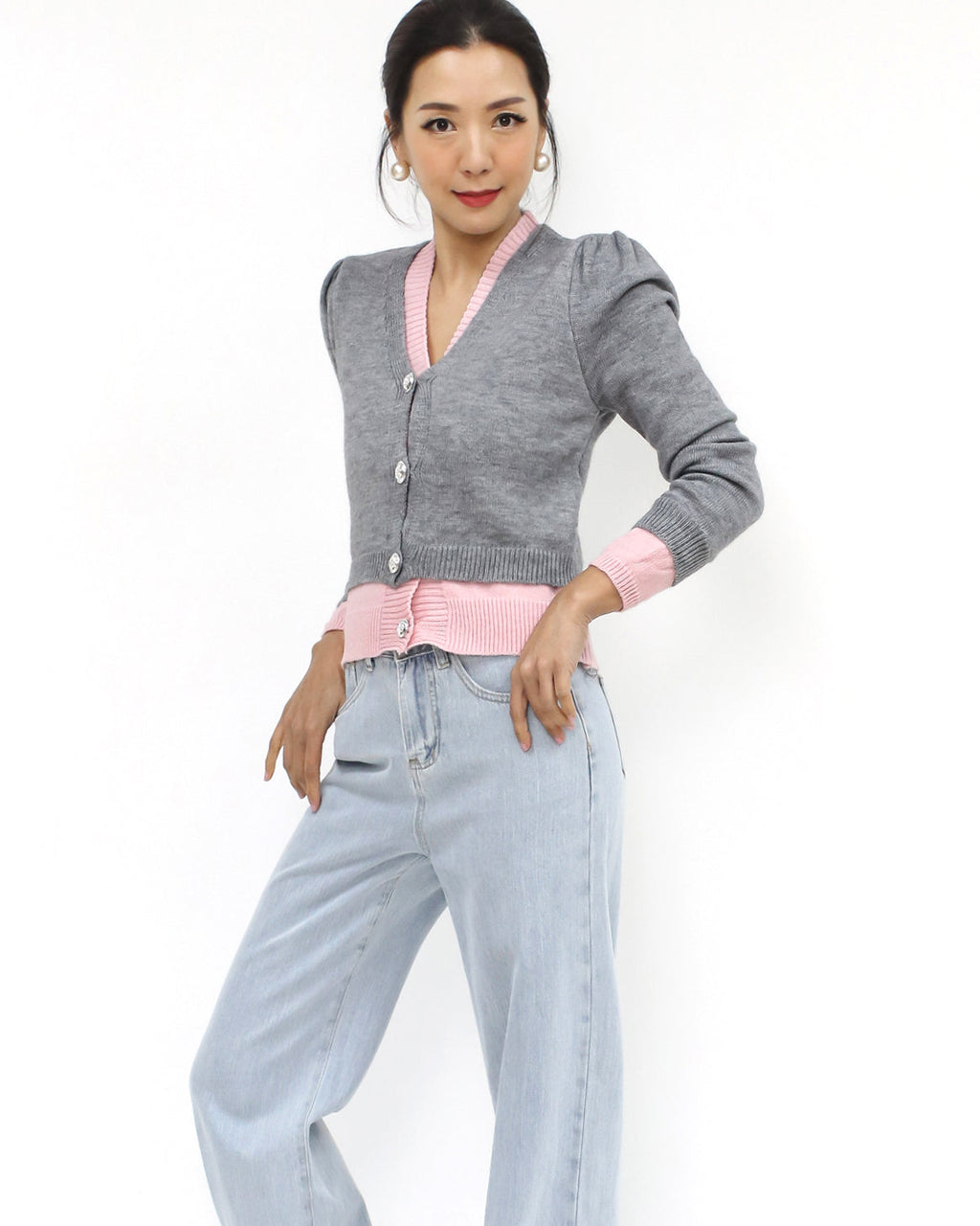 grey & pink layer knitted cardigan *pre-order*