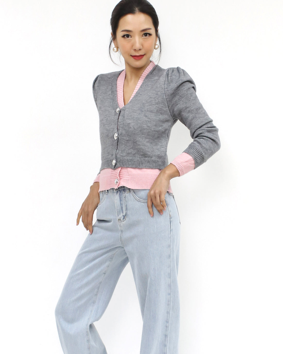 grey & pink layer knitted cardigan *pre-order*