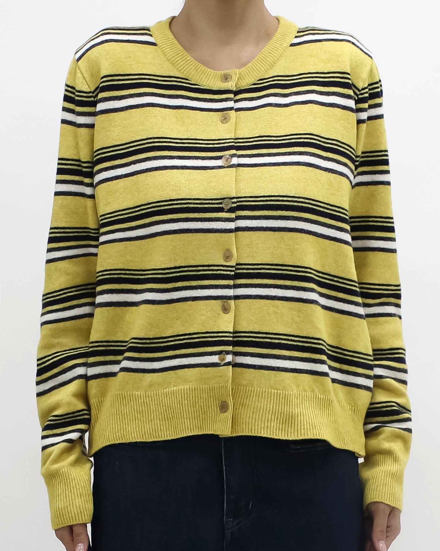 yellow w/ black & ivory stripes knitted cardigan