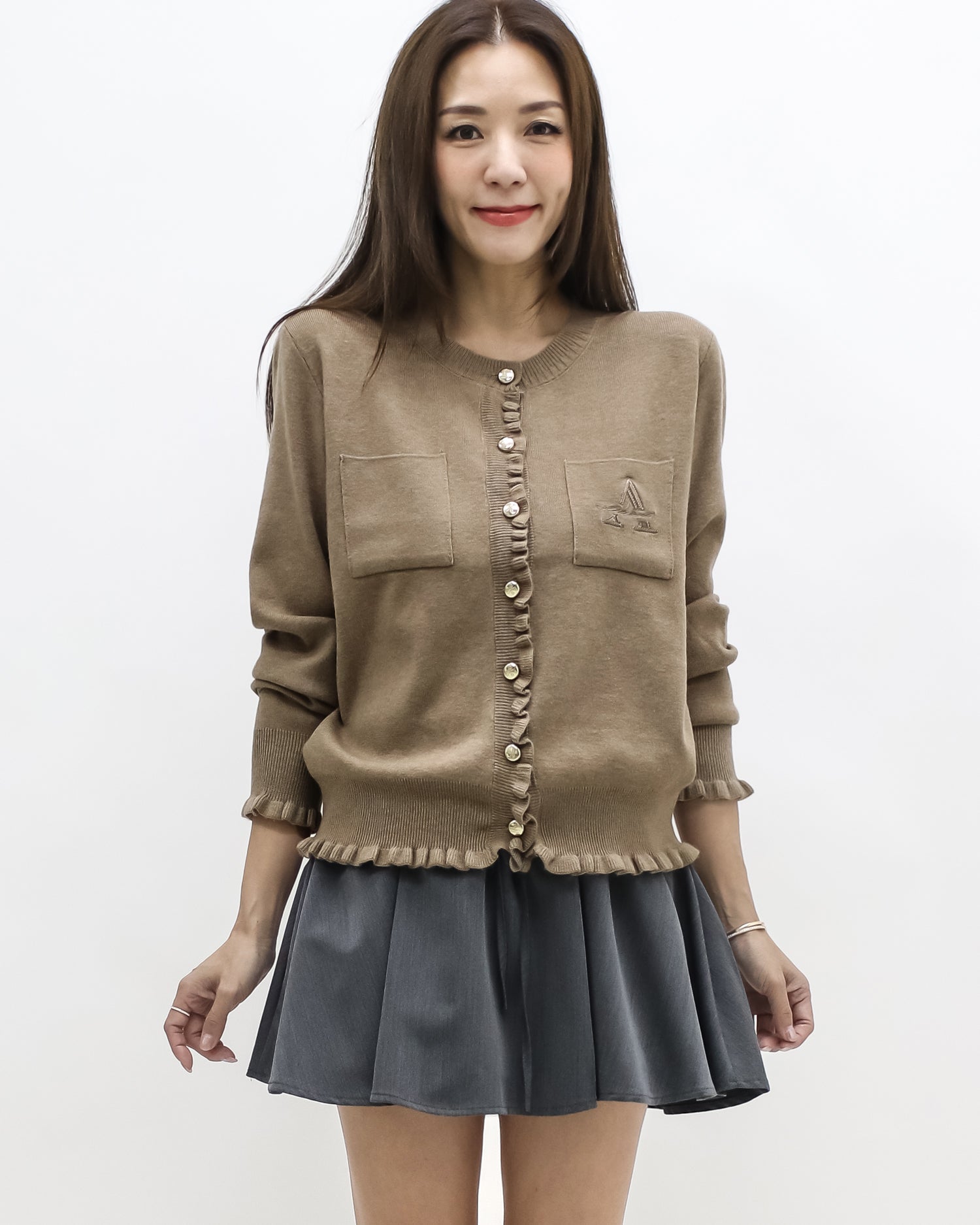 beige ruffles hem w/ embroidered front knitted cardigan *pre-order*