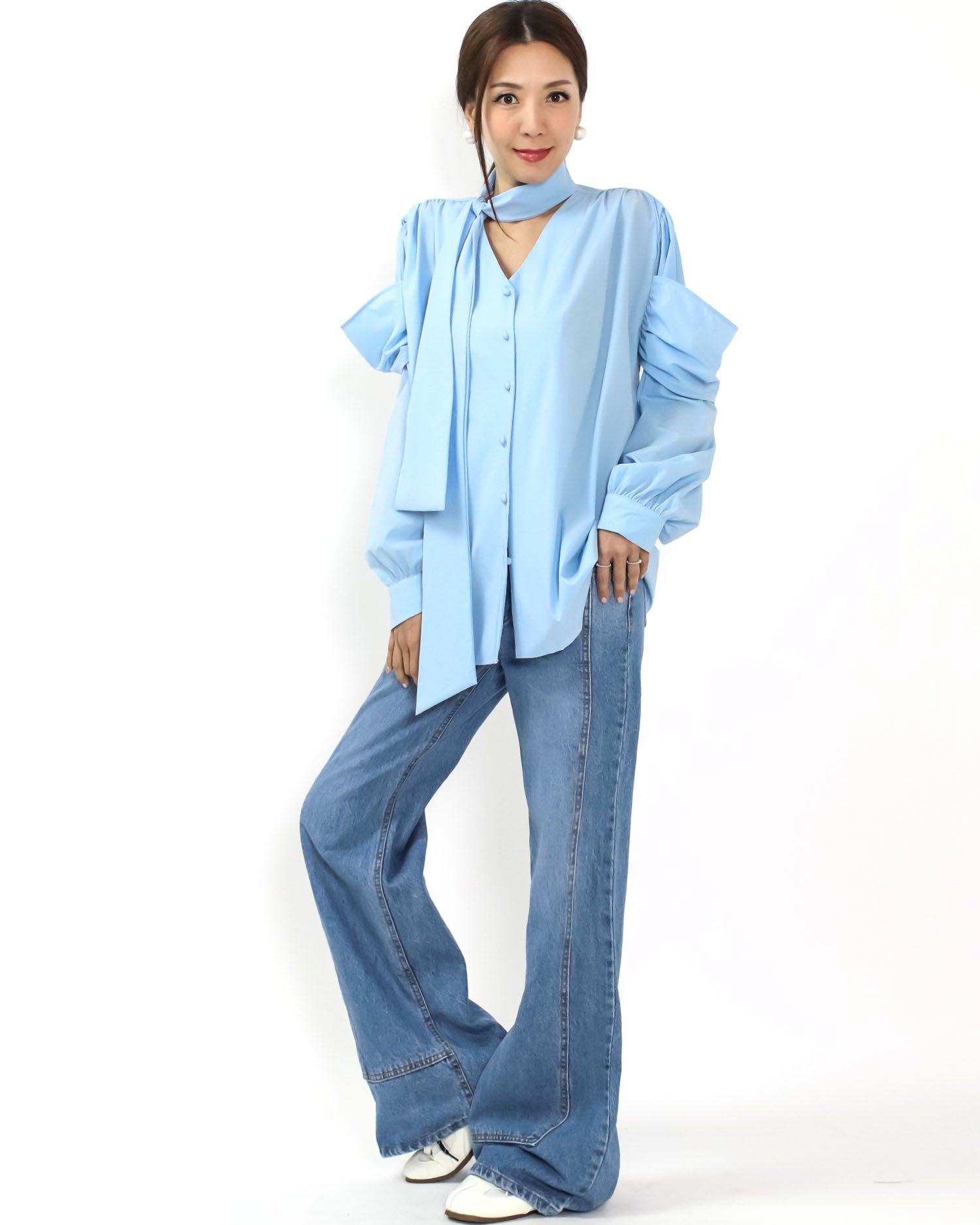 blue sleeves details w/ wrap neckline slinky shirt