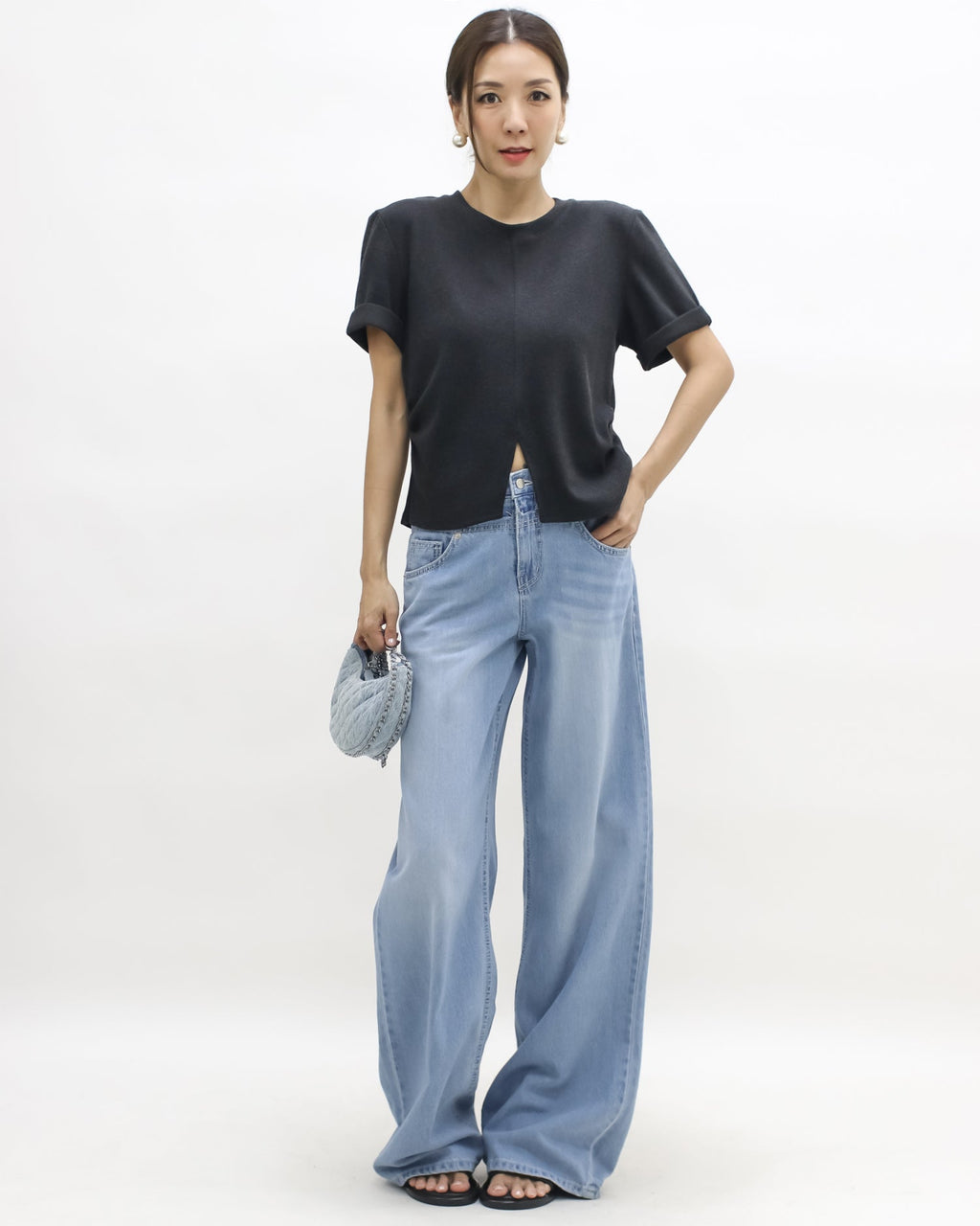 grey split front roll sleeves brushed fabric tee