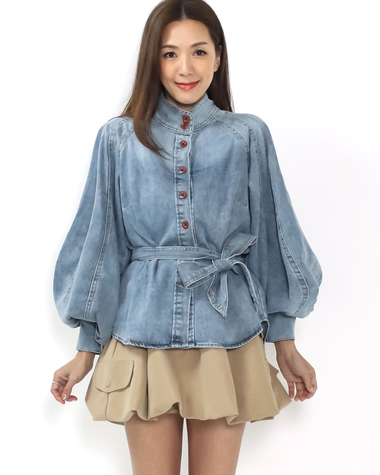 blue denim puff sleeves w/ wrap belt shirt *pre-order*