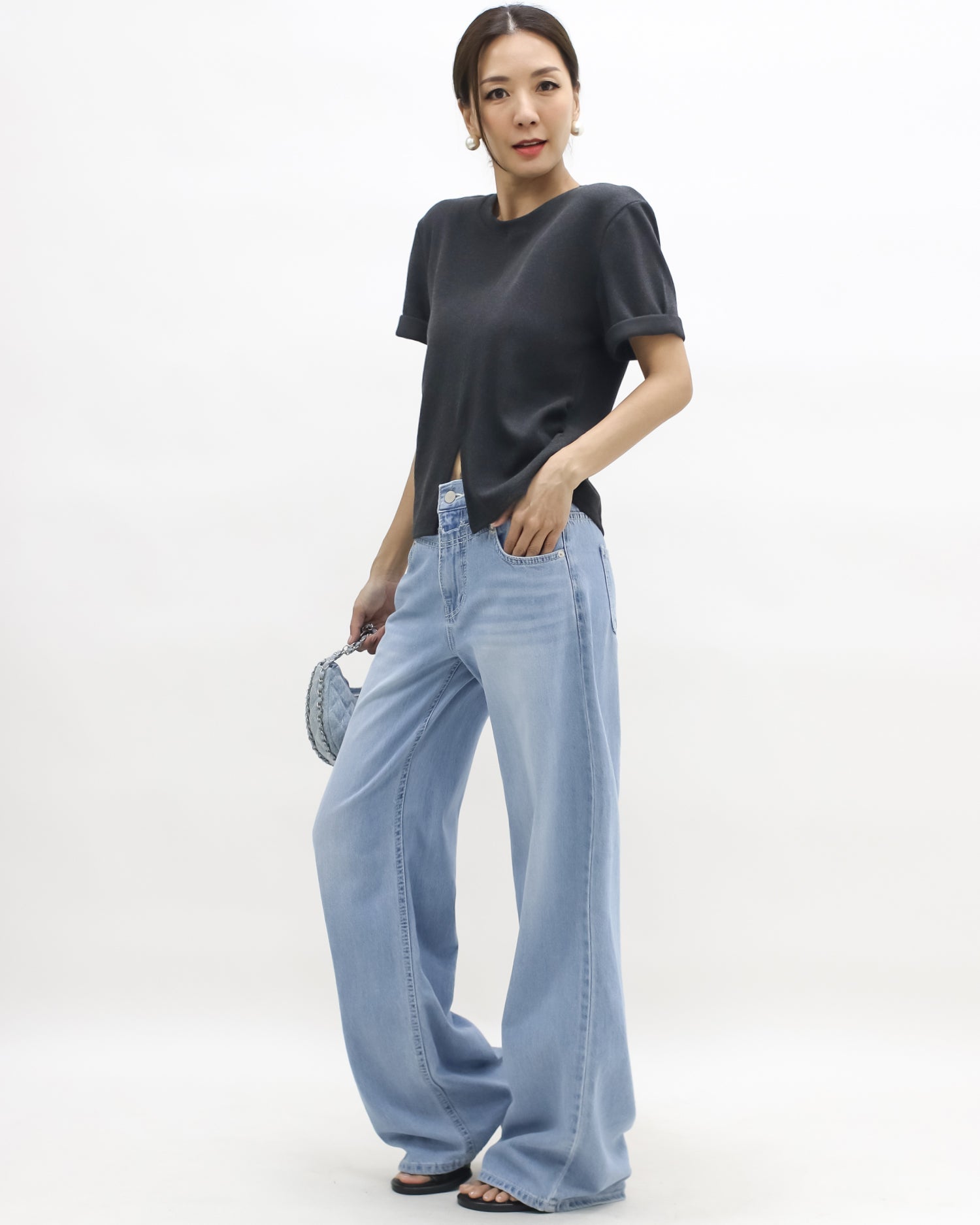 grey split front roll sleeves brushed fabric tee