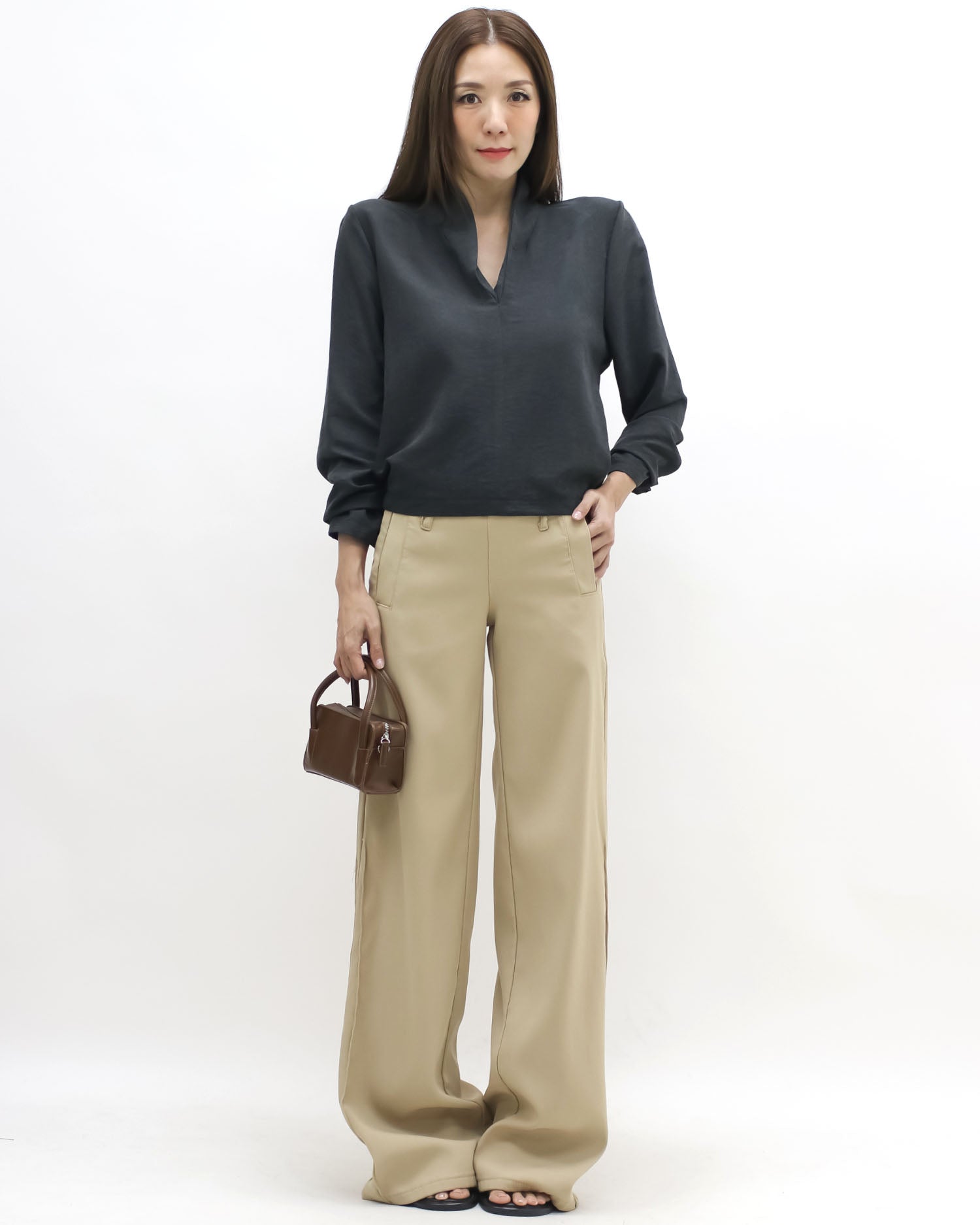 charcoal grey V neck top