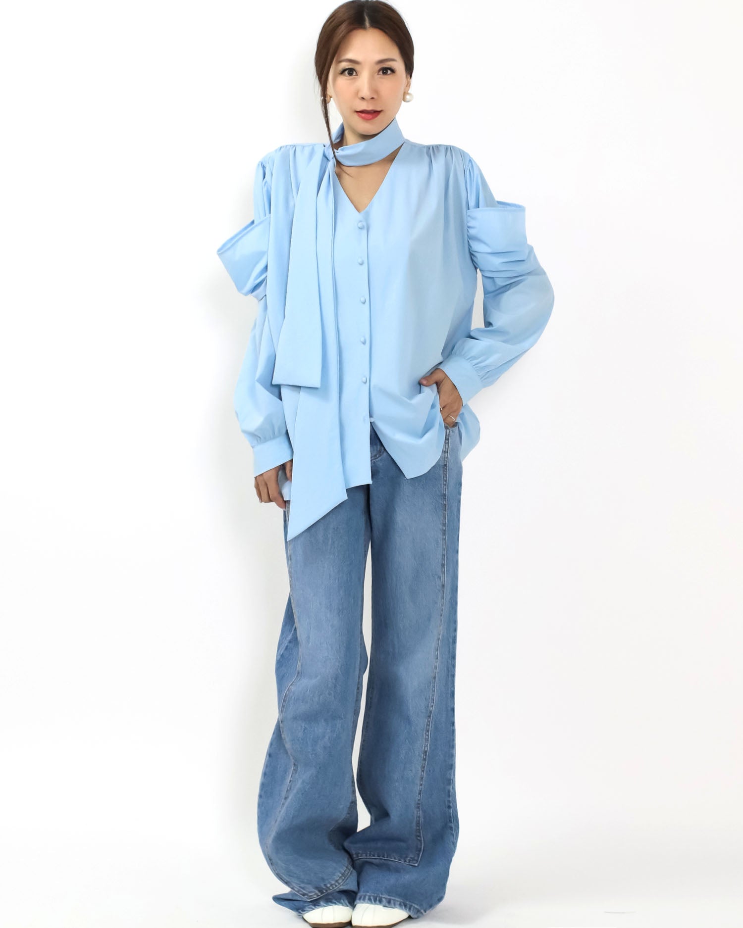 blue sleeves details w/ wrap neckline slinky shirt